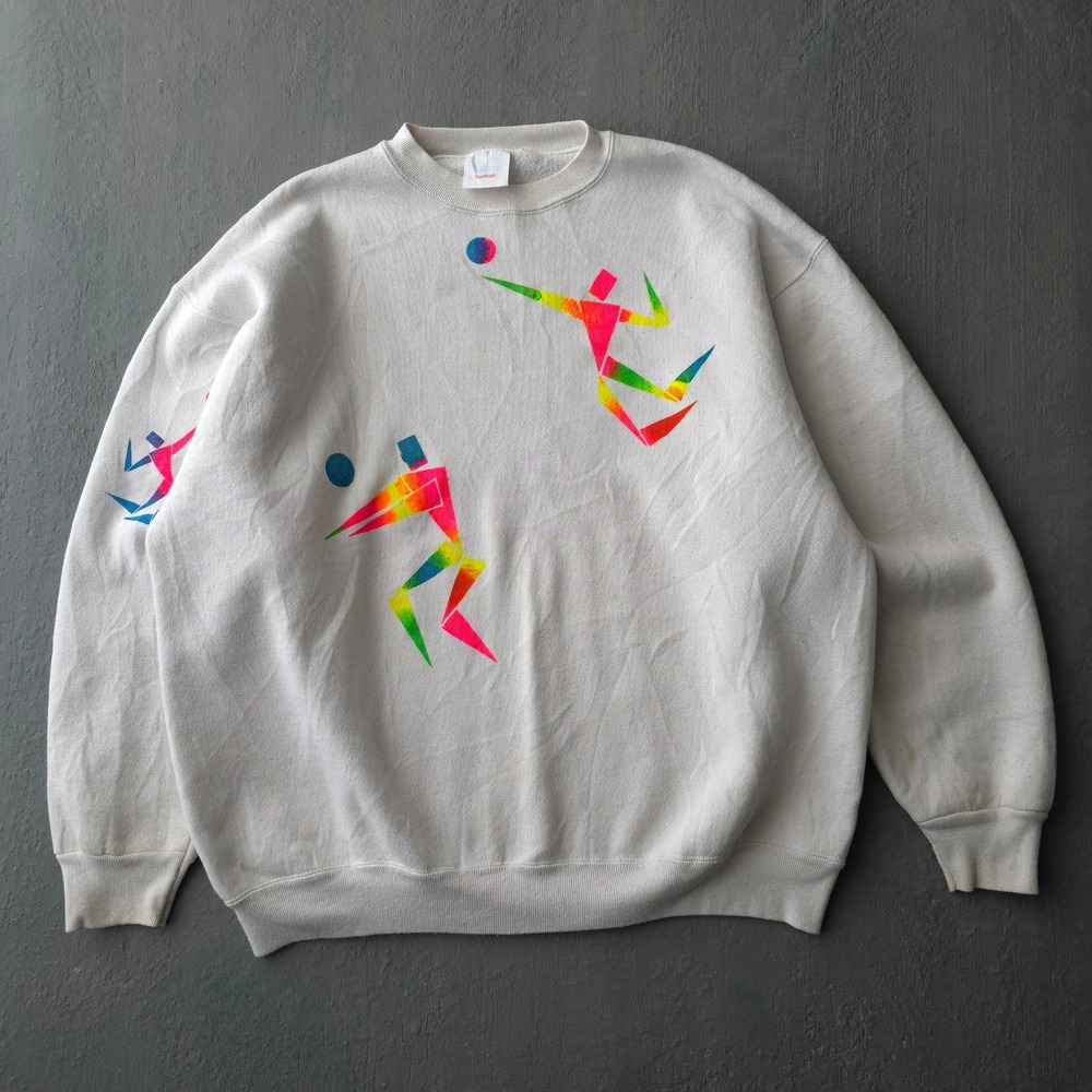 Vintage 90s Tultex White Sweatshirt XL Abstract Neon Volleyball Graphic Made USA